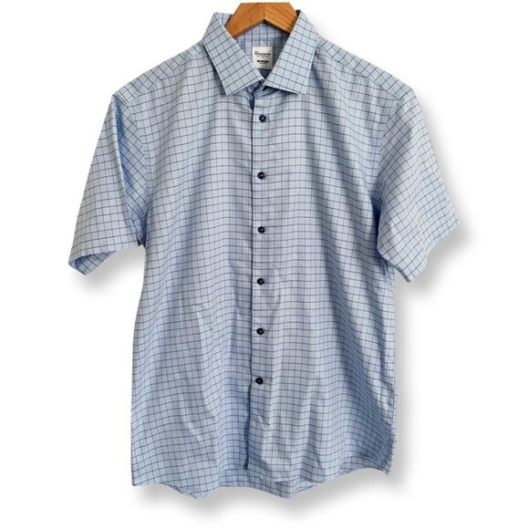 CAMICISSIMA Milano Mens Dress Shirt Short Sleeves Slim Cotton Blue Check Size 42 - Picture 1 of 11
